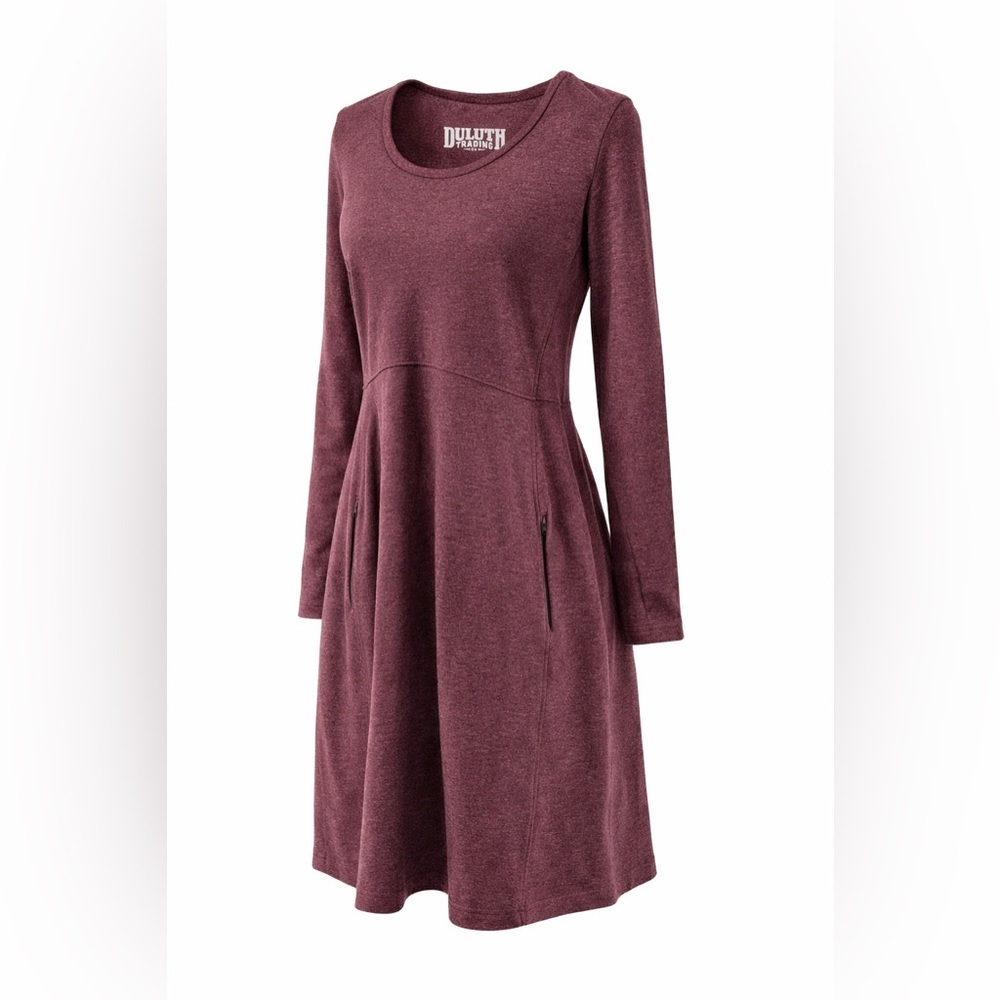 Duluth Trading Burgundy Midi Dress Long Sleeve Stretch Zip‎ Pocket Athleisure M